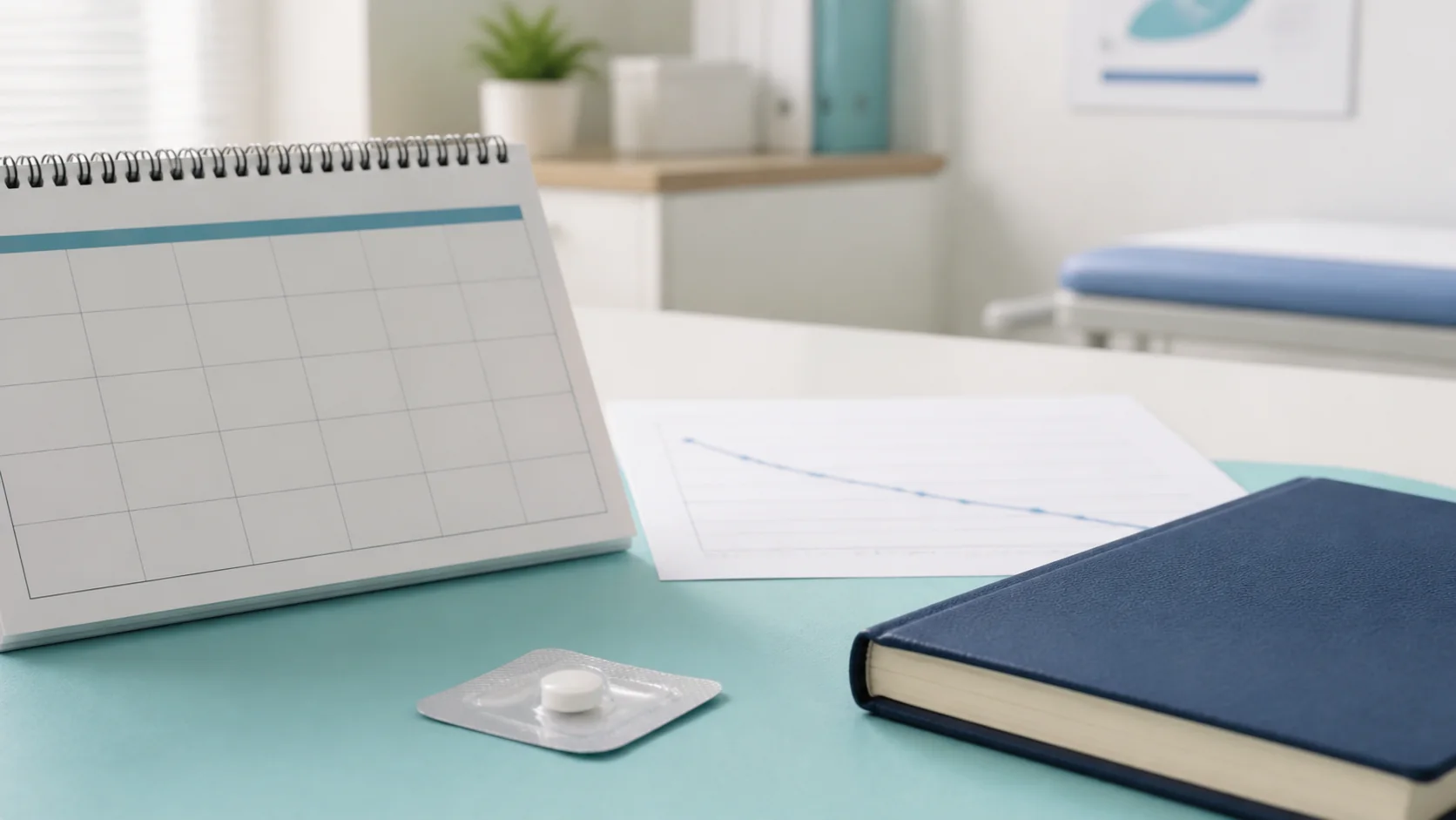 An unbranded research tablet beside a blank calendar, notebook and downward-trending weight chart