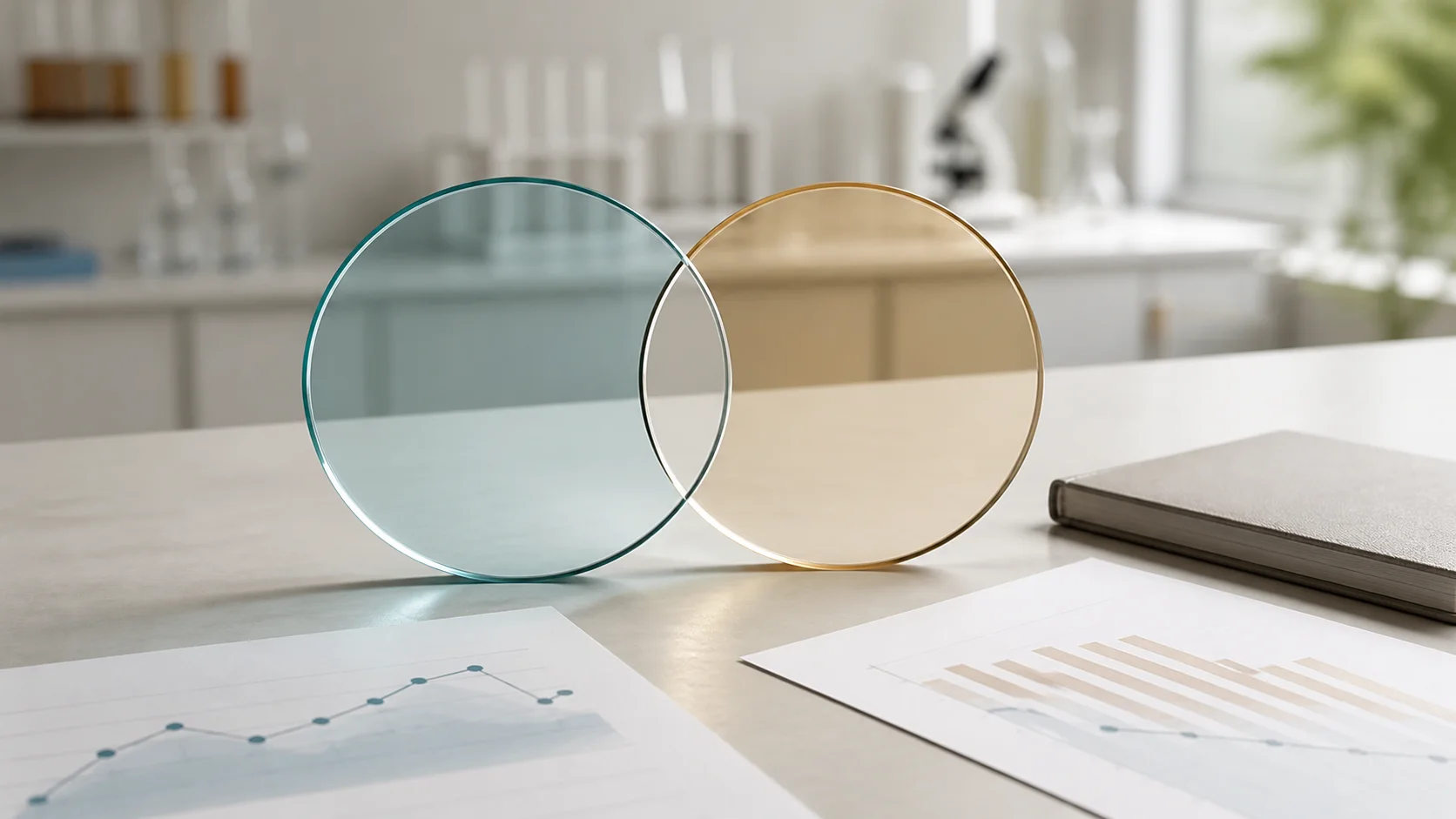Two overlapping teal and amber glass discs beside unlabelled clinical research charts