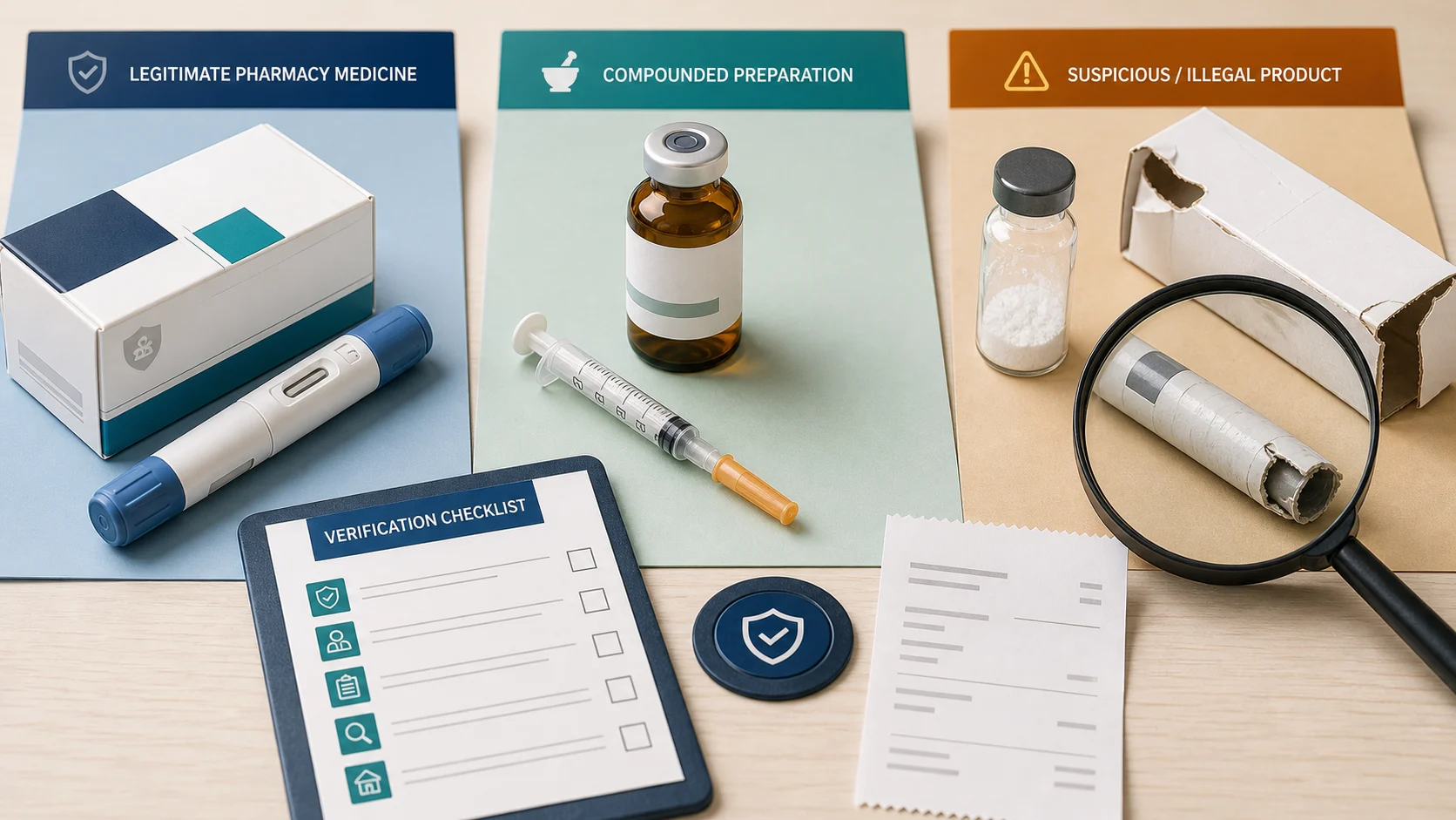 Three evidence areas comparing a generic pharmacy medicine, a compounded preparation and a suspicious illegal product