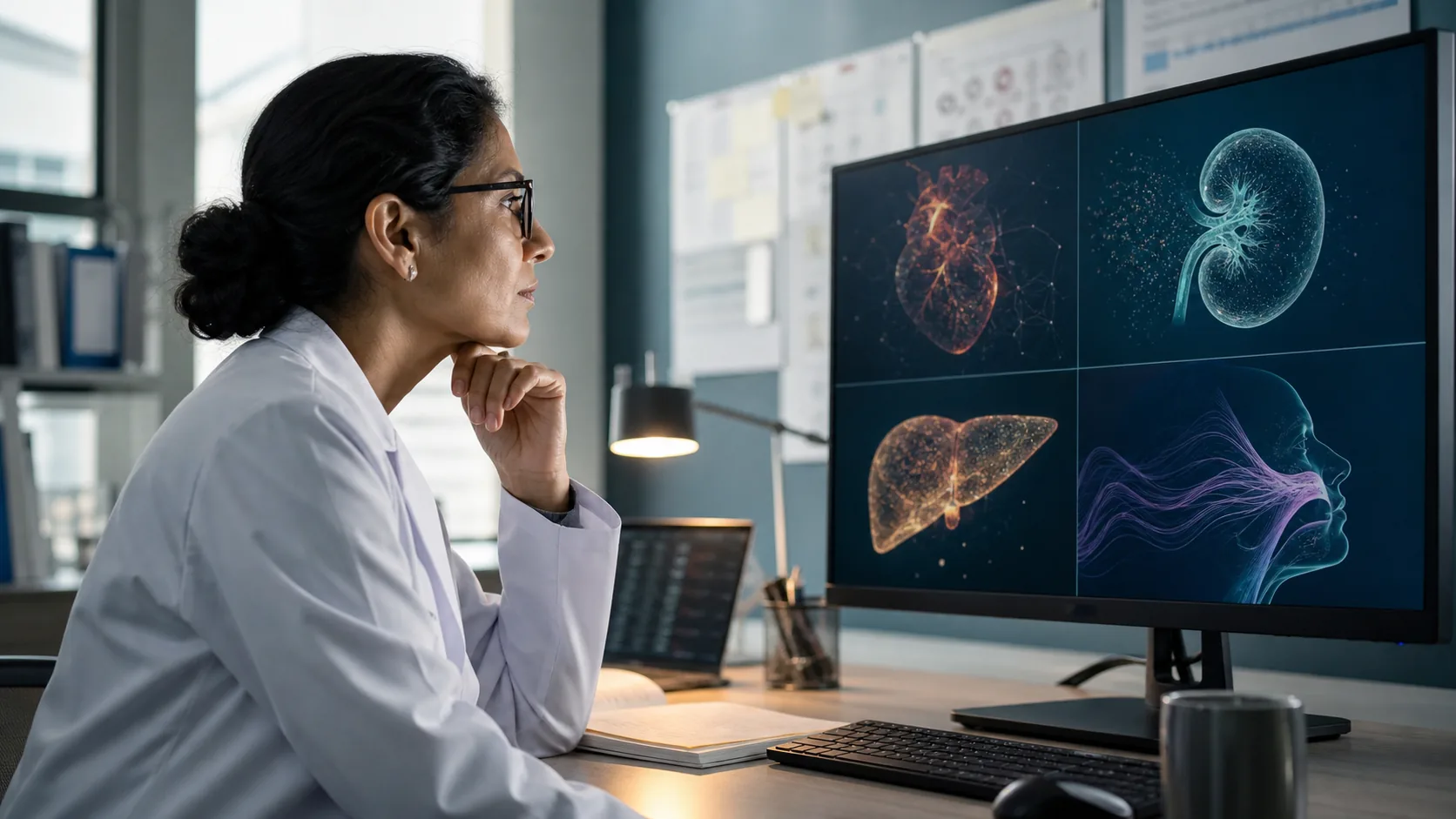 A medical researcher reviews separate visual panels representing heart, kidney, liver and sleep-related research