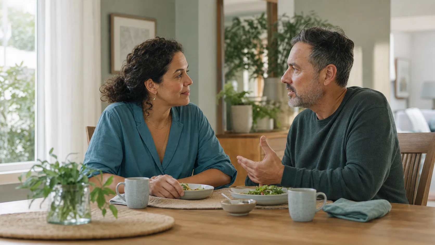 Editorial illustration of a middle-aged couple having a thoughtful conversation over a meal