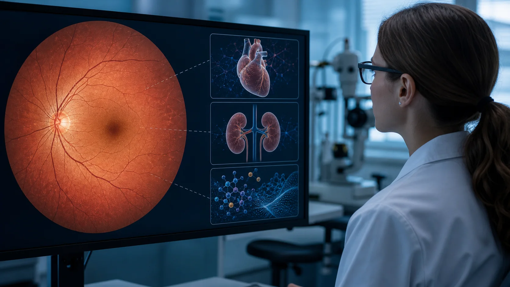 An ophthalmology researcher reviews a retinal image beside separate heart, kidney and metabolic research panels