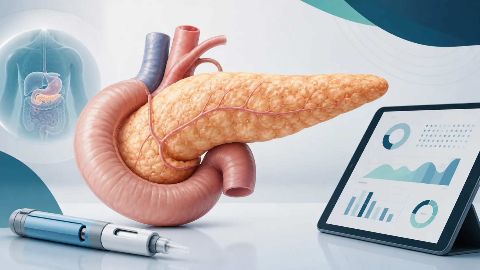 A clinical illustration of the pancreas beside a generic injection pen and medical evidence charts