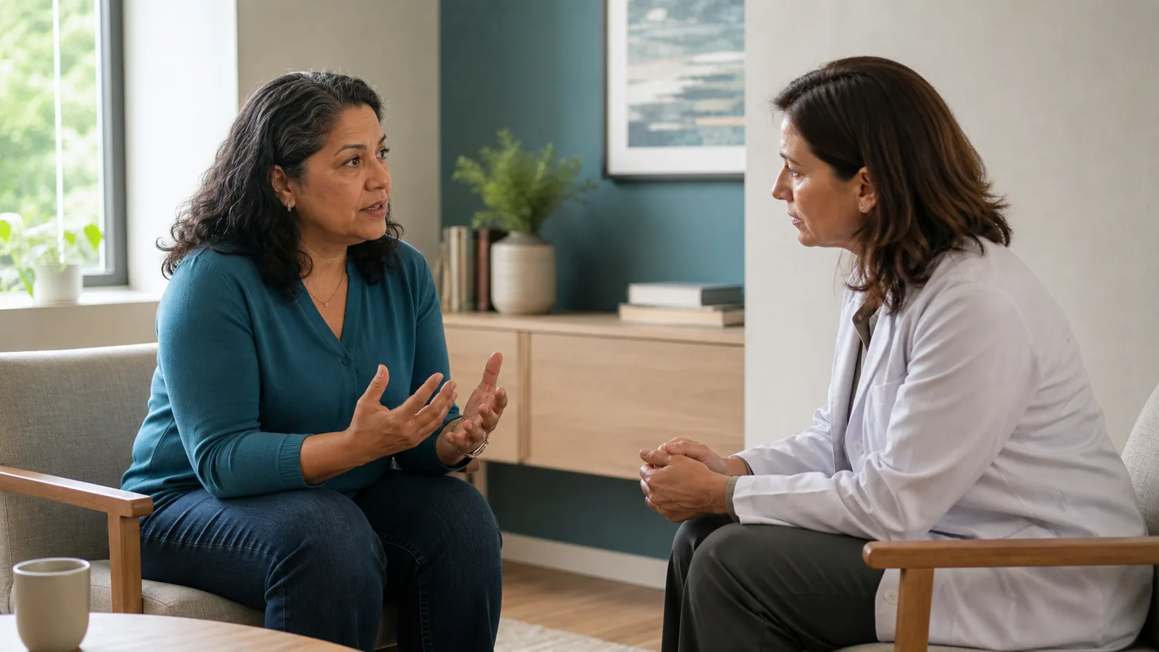 A woman describes her concerns while a healthcare professional listens attentively in a quiet consultation room