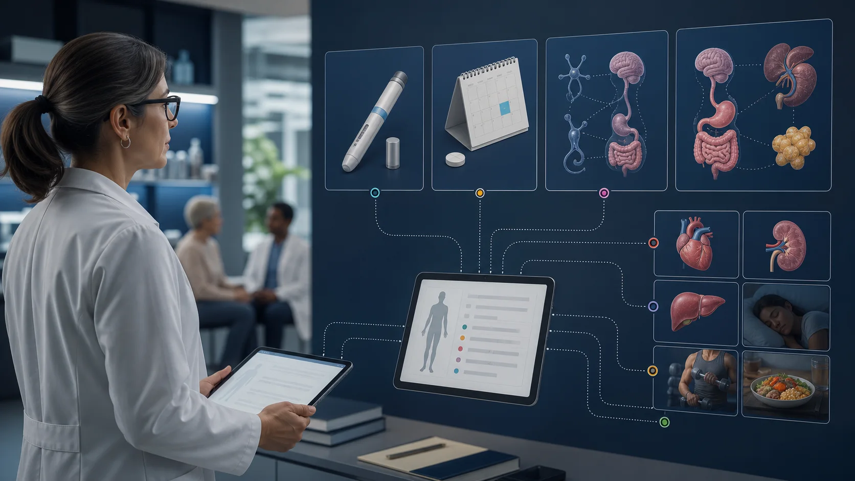 A clinician reviews separate injection, tablet, multi-pathway and health-context panels linked to one medication record