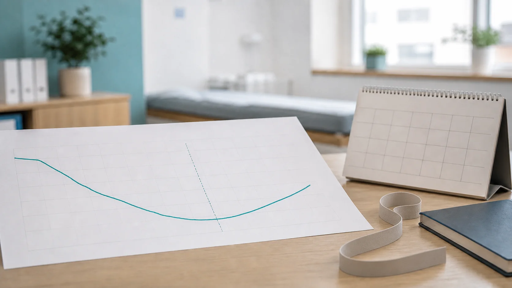 An unlabelled research chart showing a falling line that later curves partly upward beside a blank calendar