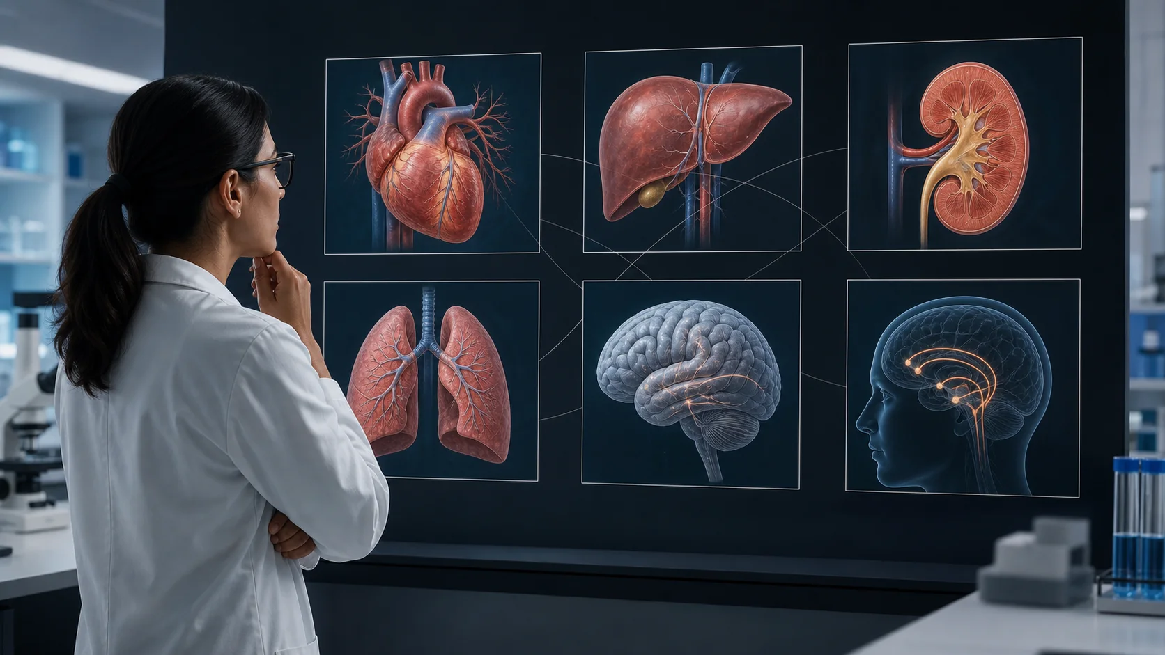 A medical researcher reviews separate heart, liver, kidney, airway and brain research panels