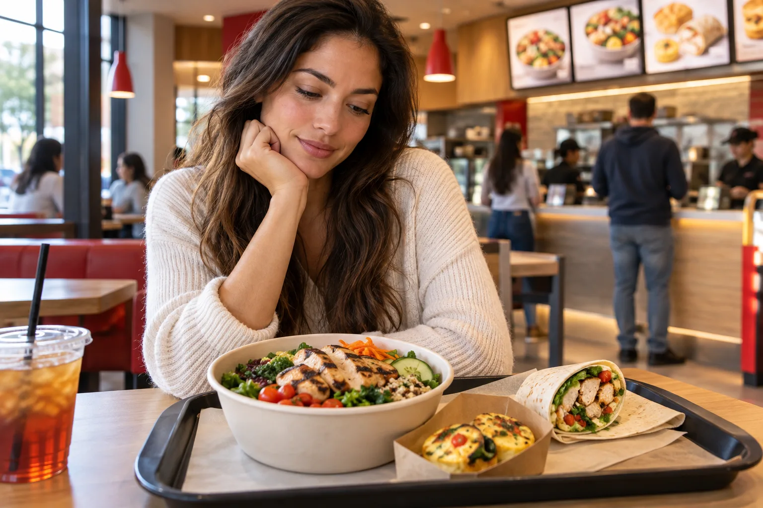 A customer considering a smaller grilled chicken bowl, egg bites and a wrap in an unbranded fast-food restaurant
