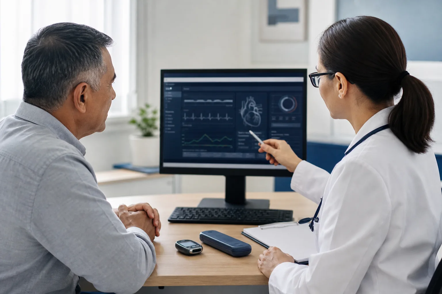 A clinician and patient reviewing an anonymised cardiovascular health display beside unbranded diabetes-care equipment