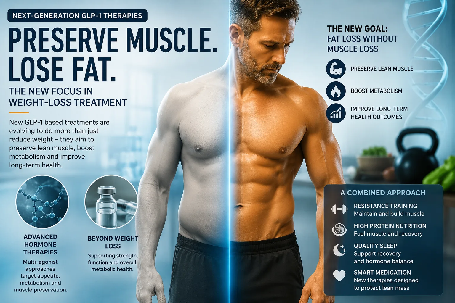 Editorial illustration about preserving muscle while reducing fat during obesity treatment