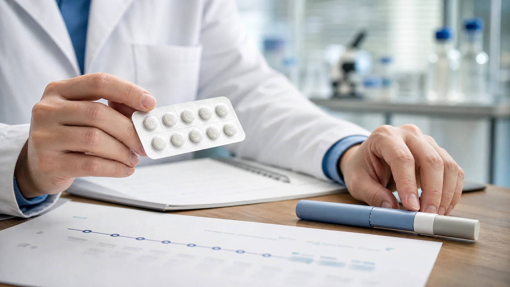A researcher compares an unbranded tablet blister and capped injection pen beside a medication timeline