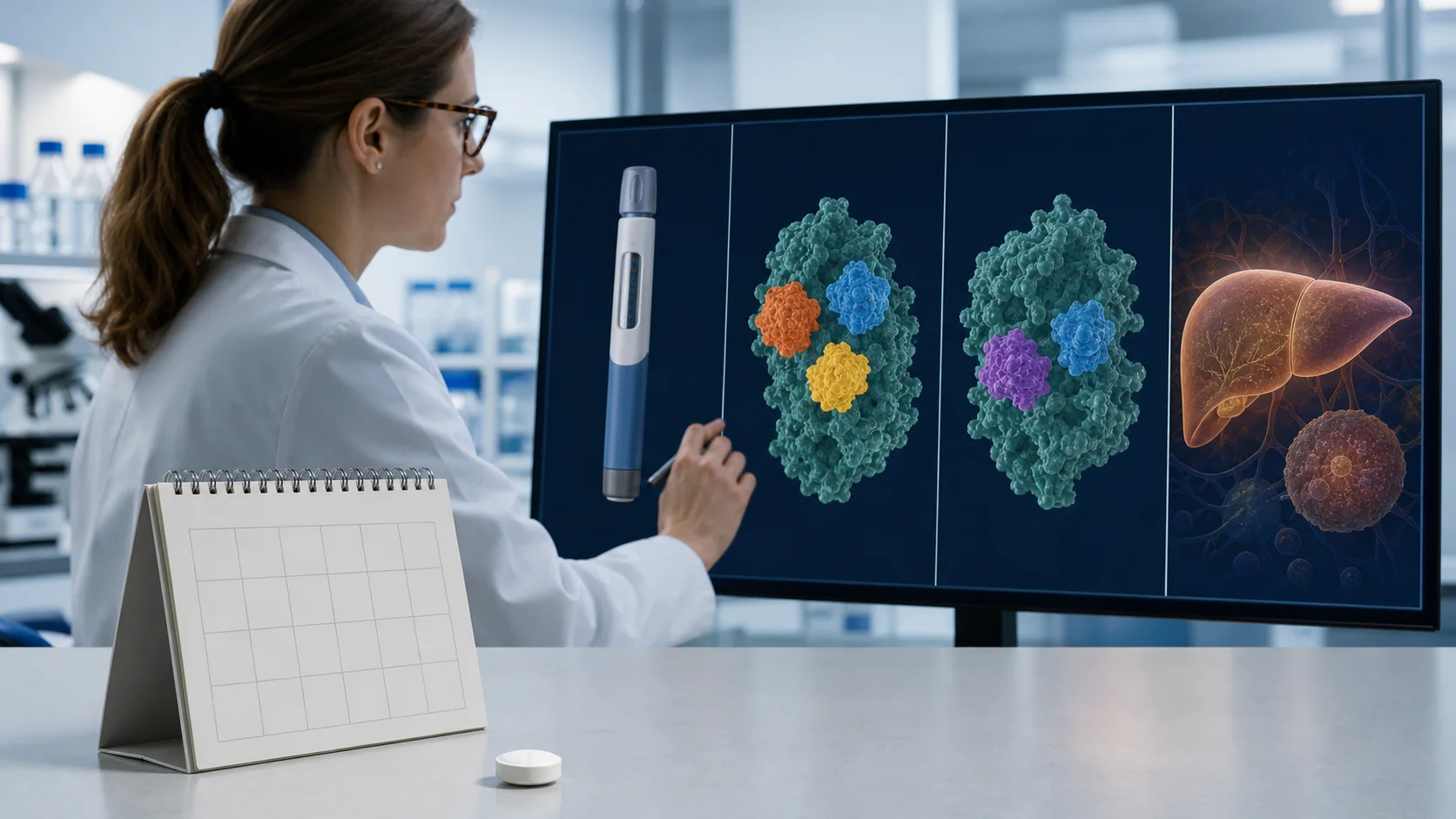 An unbranded tablet and calendar sit before separate research panels for injection and metabolic-medicine candidates