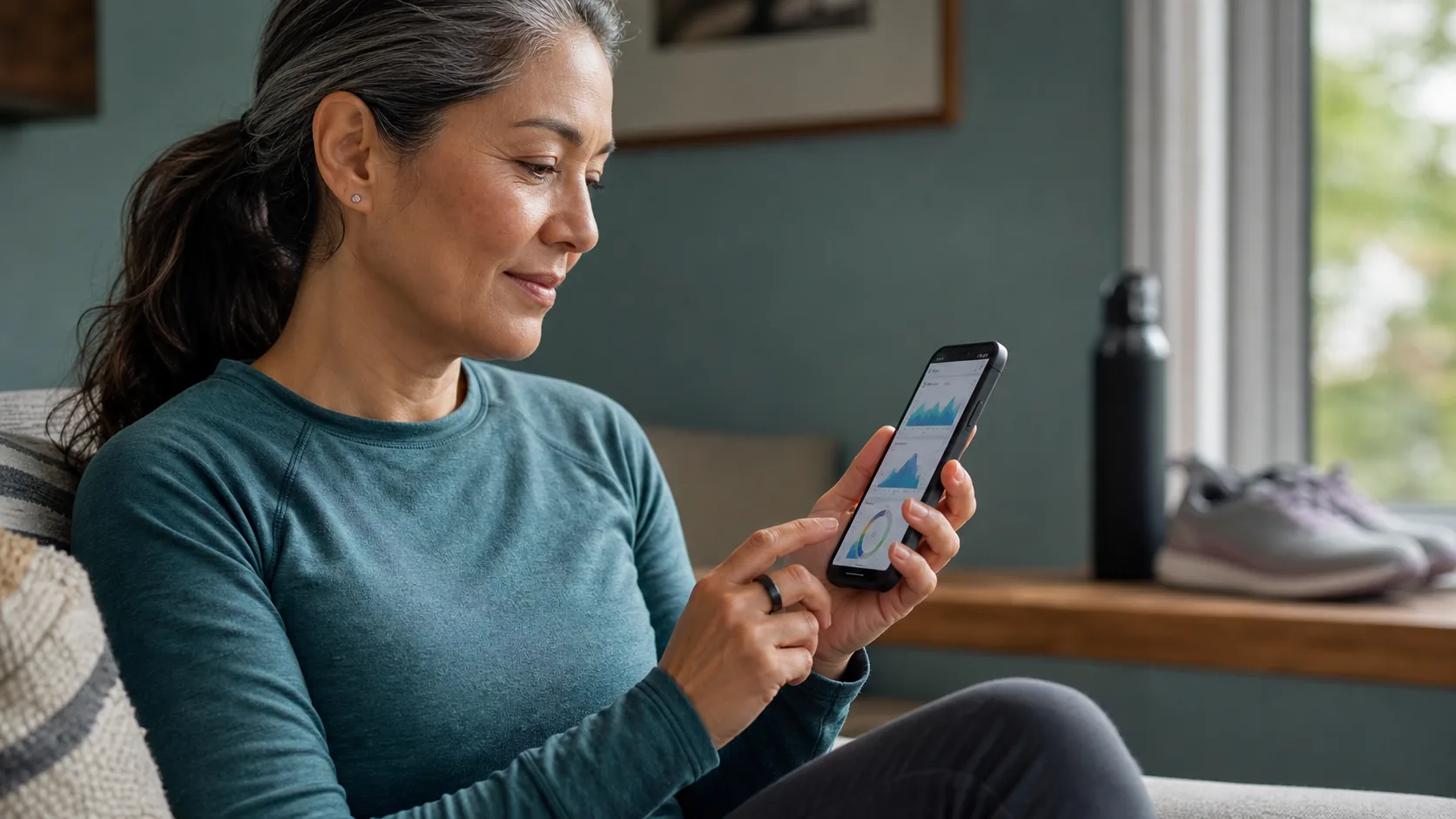 A woman wearing an unbranded smart ring reviews health trend charts on a phone at home