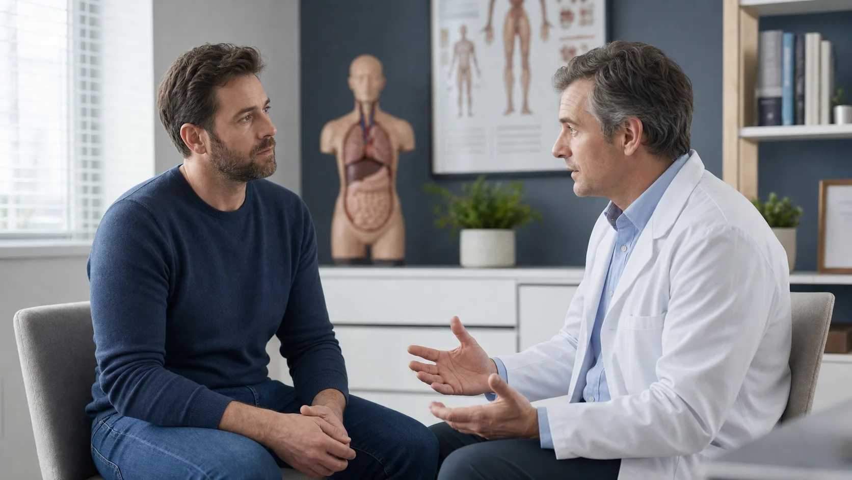 A fully clothed male patient discusses a private health concern with a clinician