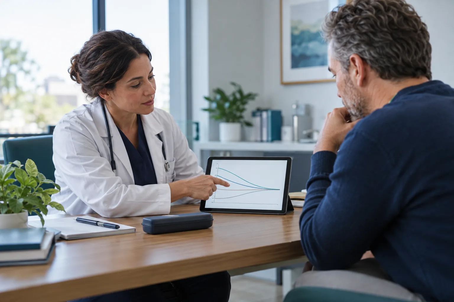 A clinician and patient reviewing anonymised clinical trial curves together in a consultation room