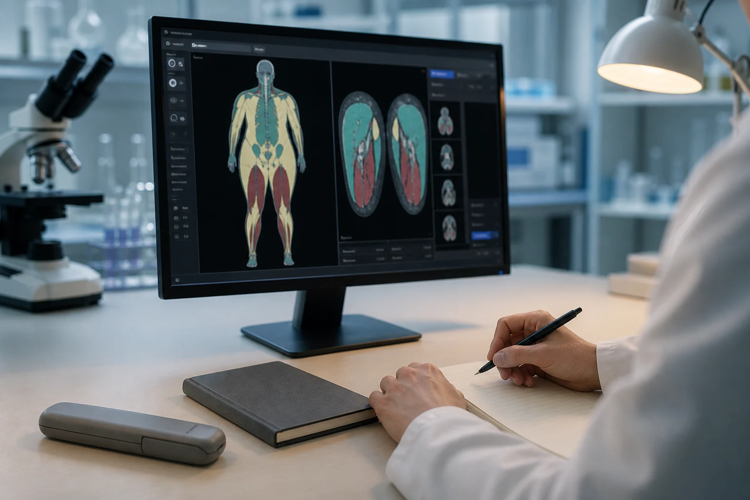 A researcher reviewing anonymised body-composition scans beside an unbranded injection-pen case