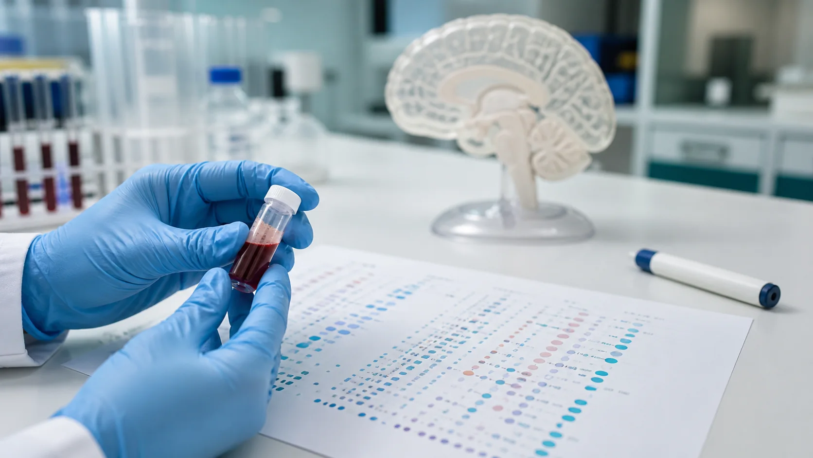 A researcher examines a blood sample beside a protein-pattern chart with a brain model in the background