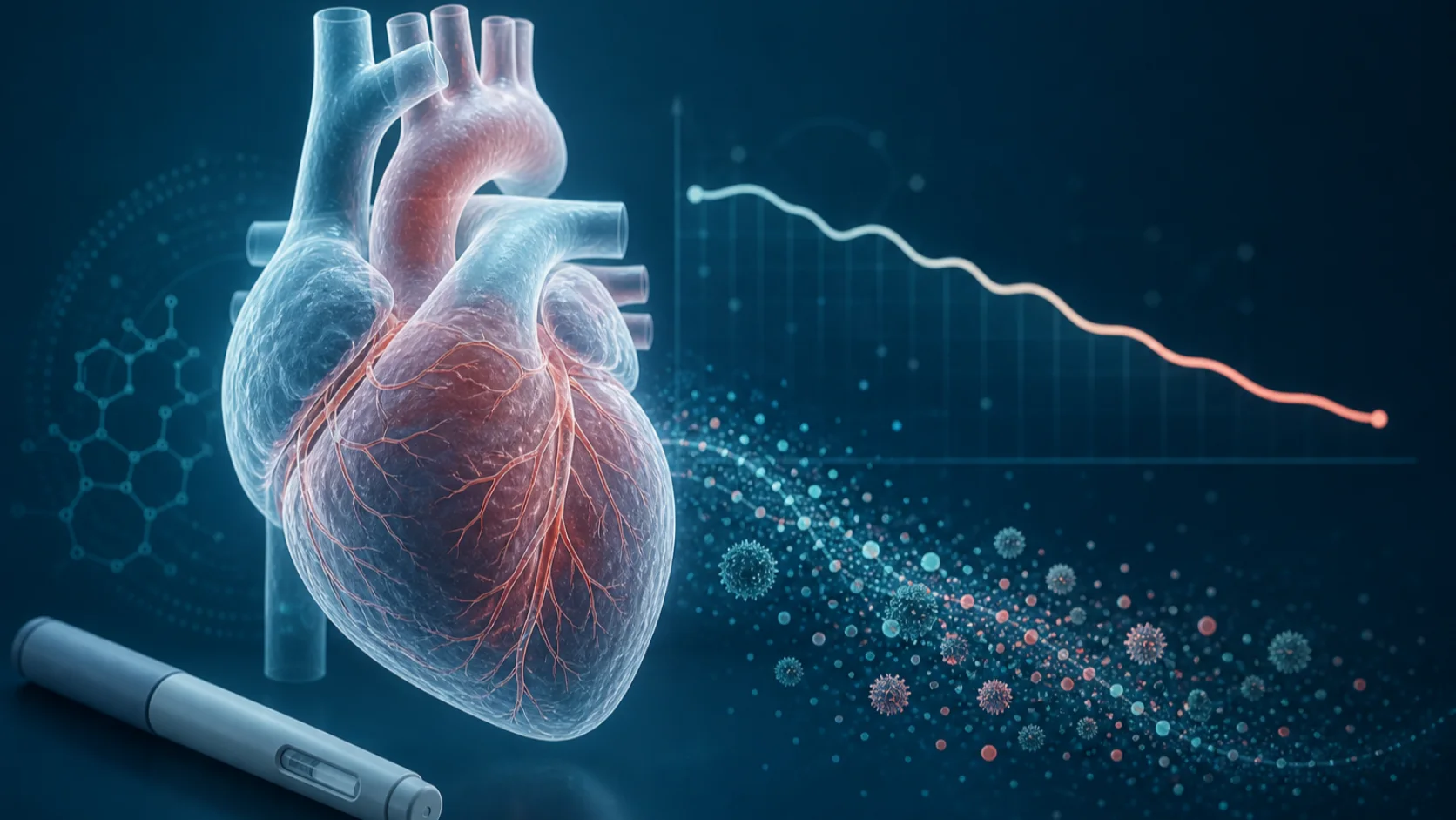 A medical illustration of a heart beside an unlabelled injection pen, biomarker particles and a descending research line
