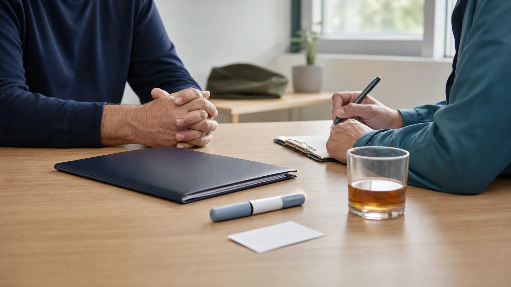 A clinical research consultation with an unbranded injection pen and an untouched alcoholic drink on the desk