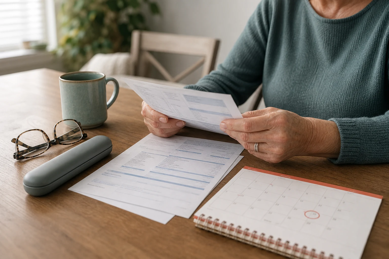 An older adult reviewing healthcare paperwork beside an unbranded injection-pen case and calendar