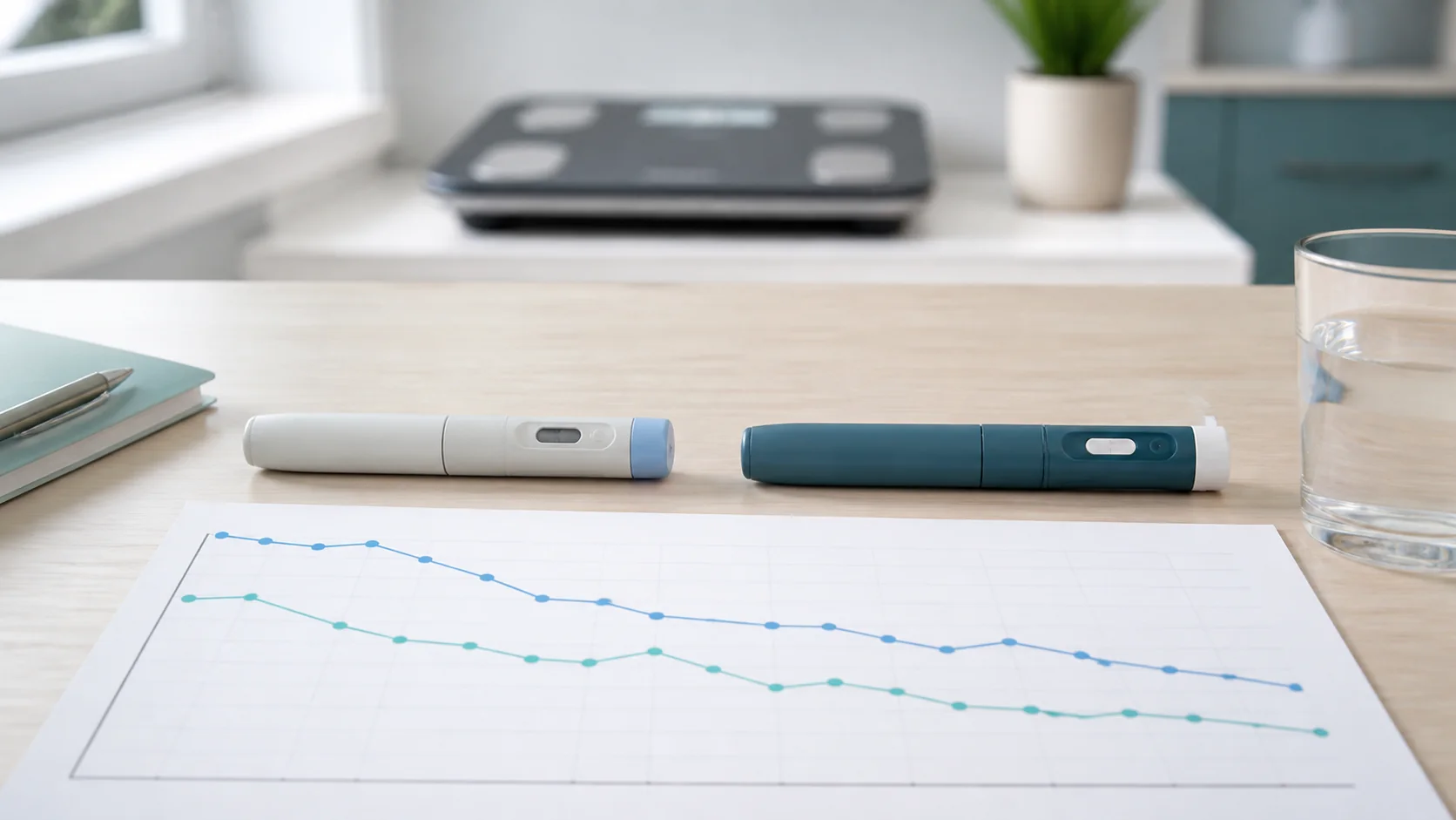 Two unbranded injection pens beside a chart with two downward trend lines in a clinical setting