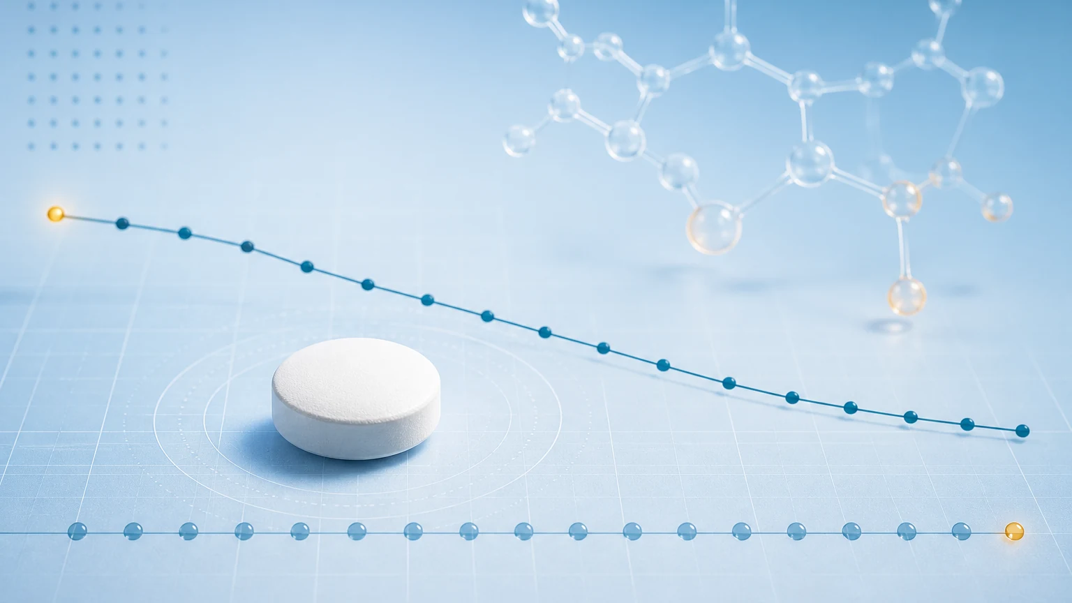 An unlabelled white tablet beside a descending clinical research line and translucent molecular structures