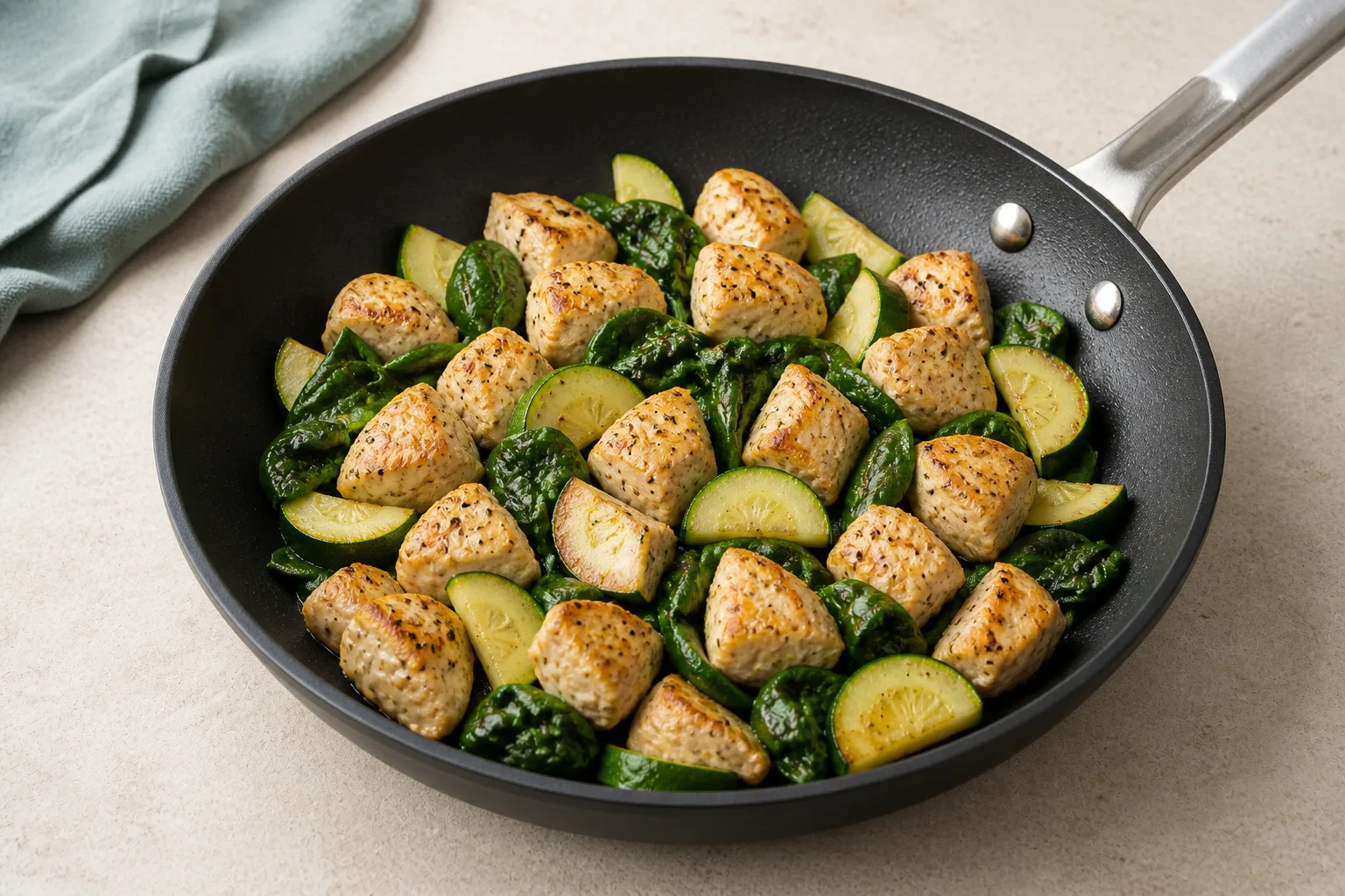Golden chicken, bright courgette and wilted spinach in a frying pan before sauce is added