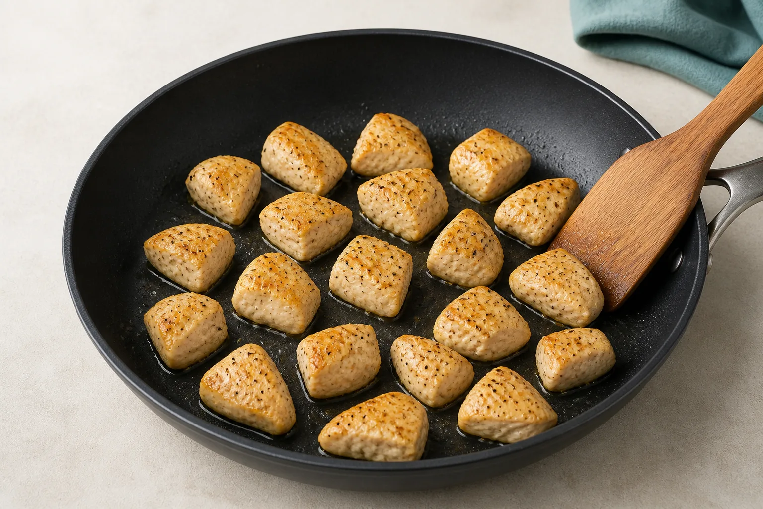 Bite-size chicken pieces browning in one layer in a dark frying pan