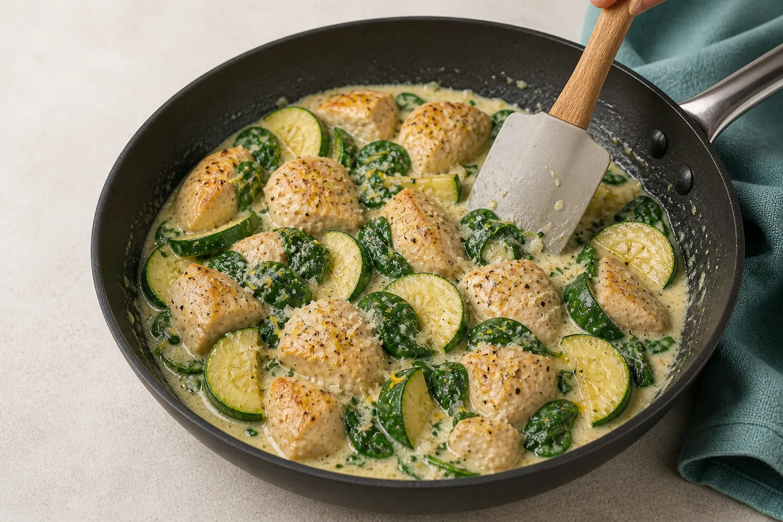 Light lemon yoghurt sauce being folded through chicken, courgette and spinach off the heat