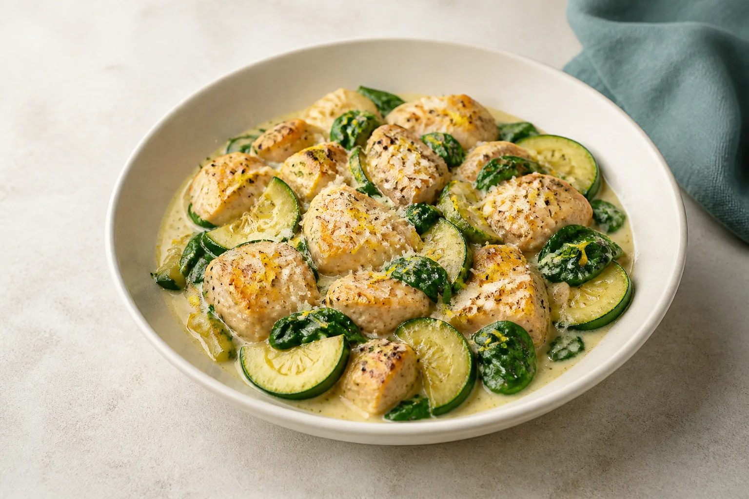 Creamy lemon chicken with courgette and spinach in a shallow ceramic bowl