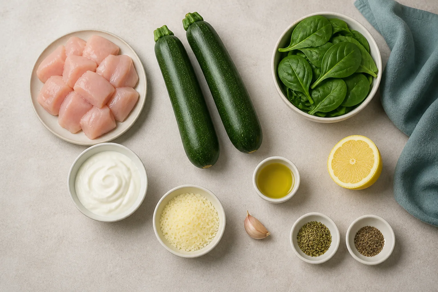 Chicken, courgettes, spinach, yoghurt, parmesan, lemon, garlic, oil and seasonings arranged on a pale worktop