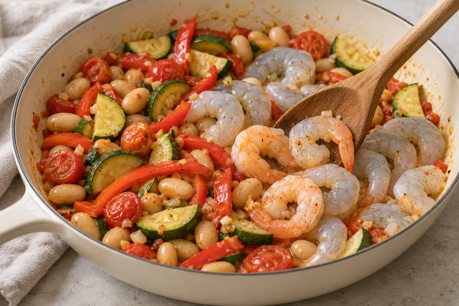 Raw grey king prawns beginning to turn pink among butter beans and softened vegetables