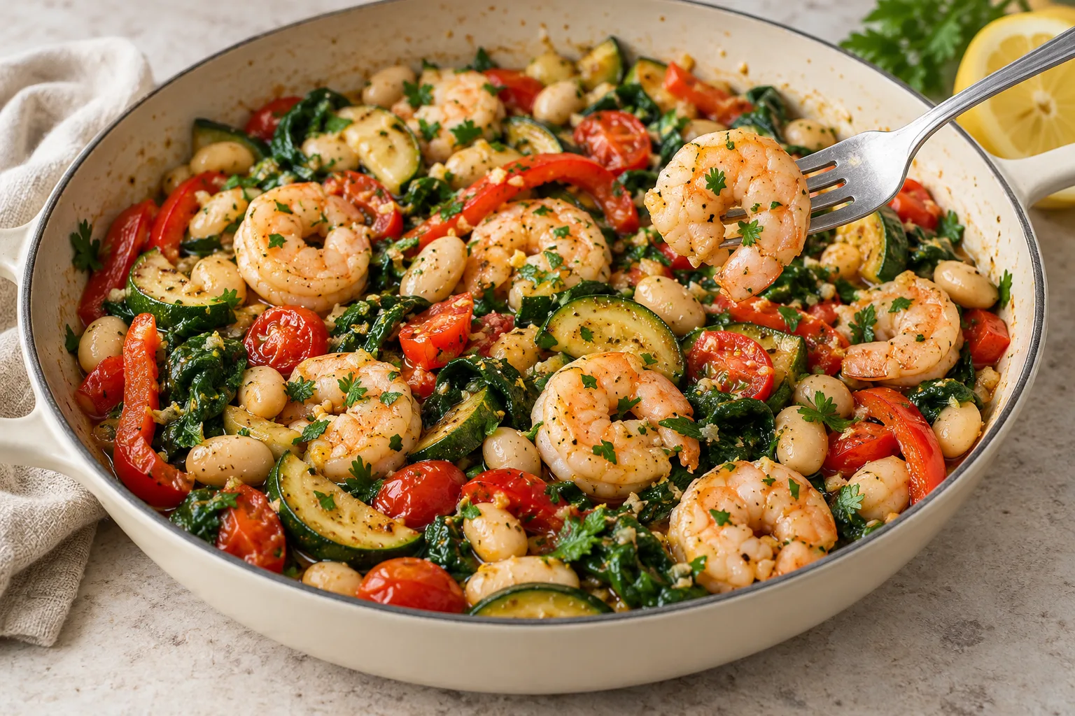 Cooked pink prawns, butter beans and vegetables with wilted spinach, lemon and parsley