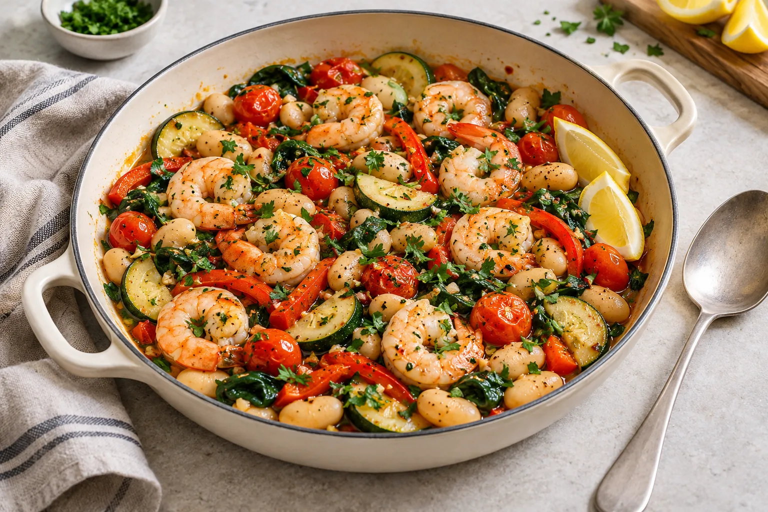 Lemon-garlic prawns with butter beans, courgette, red pepper, tomatoes and spinach in a cream skillet