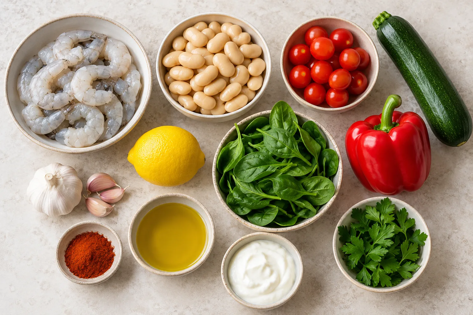 Raw king prawns, butter beans, tomatoes, courgette, red pepper, spinach, lemon, garlic, parsley, paprika, olive oil and yoghurt