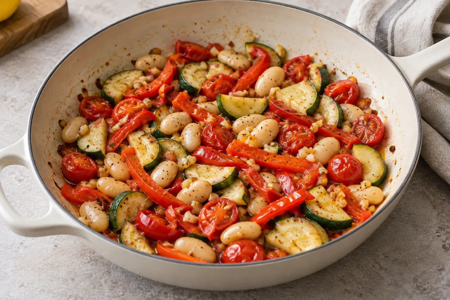 Courgette, red pepper, tomatoes, garlic and butter beans softening in a cream skillet