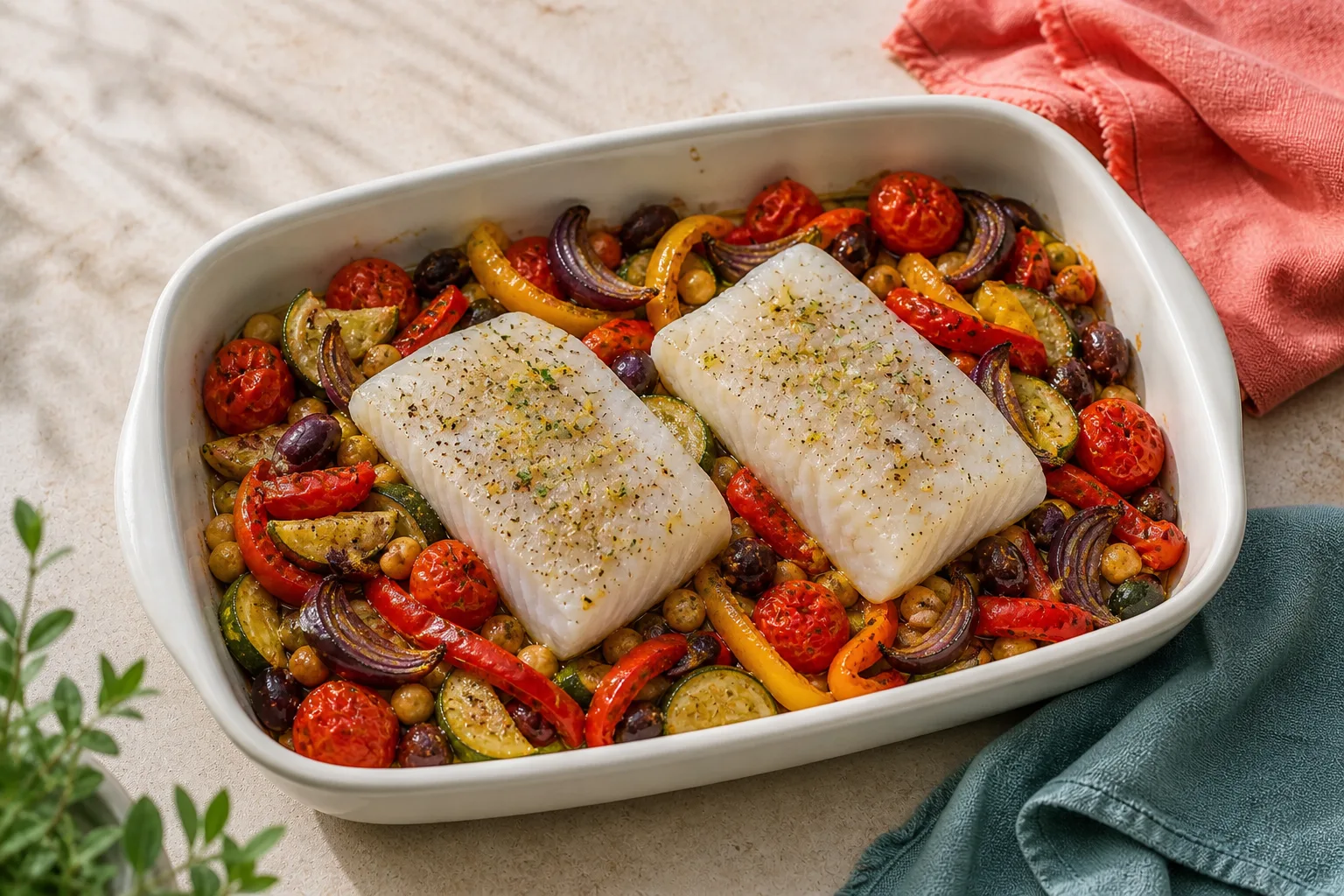 Two seasoned raw cod fillets placed over part-roasted Mediterranean vegetables