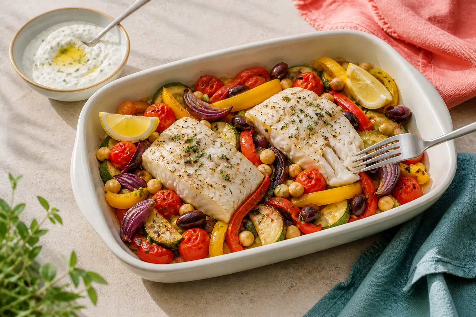 Cooked cod flaking under a fork among roasted Mediterranean vegetables