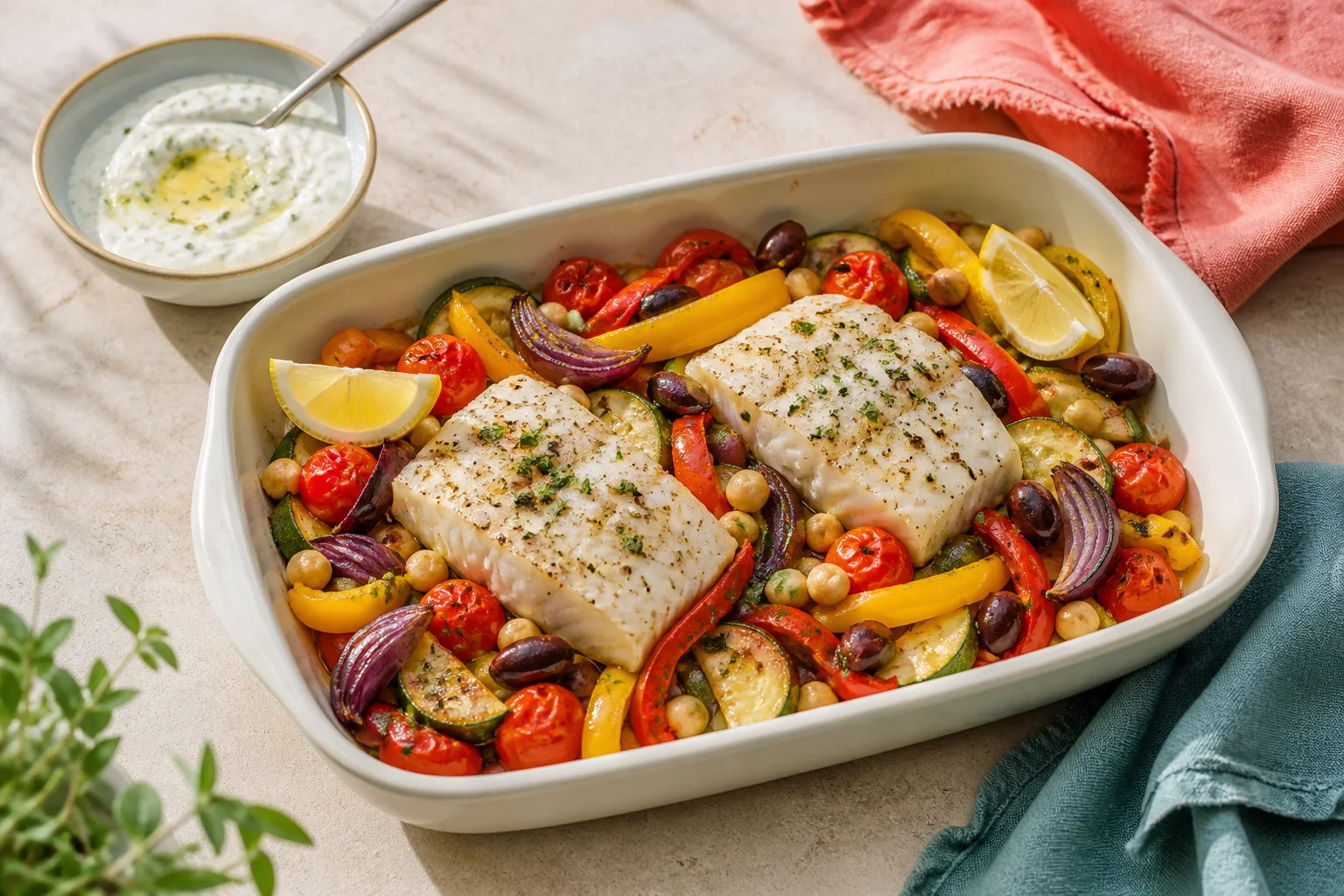 Two cod fillets on a colourful Mediterranean vegetable tray with lemon-herb yoghurt