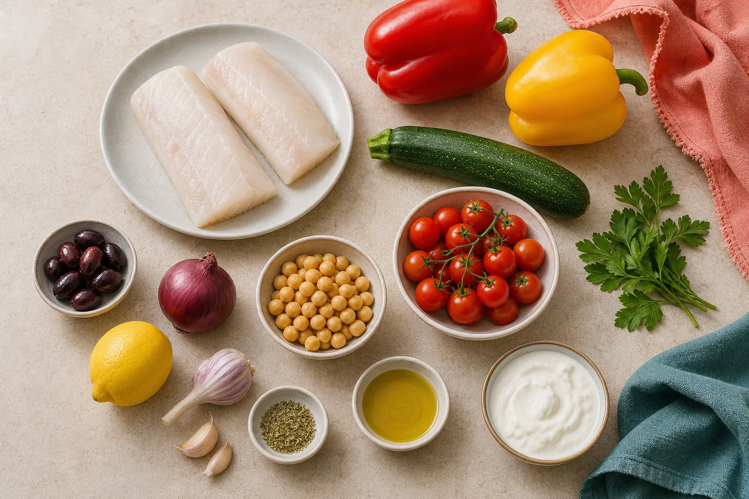 Cod, peppers, courgette, tomatoes, onion, chickpeas, olives, yoghurt, lemon and herbs arranged on a pale worktop
