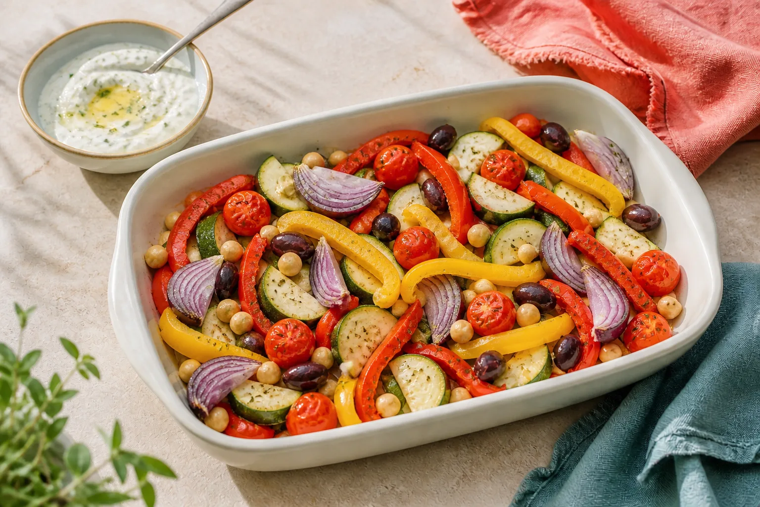 Peppers, courgette, tomatoes, onion, chickpeas and olives part-roasted in a ceramic tray