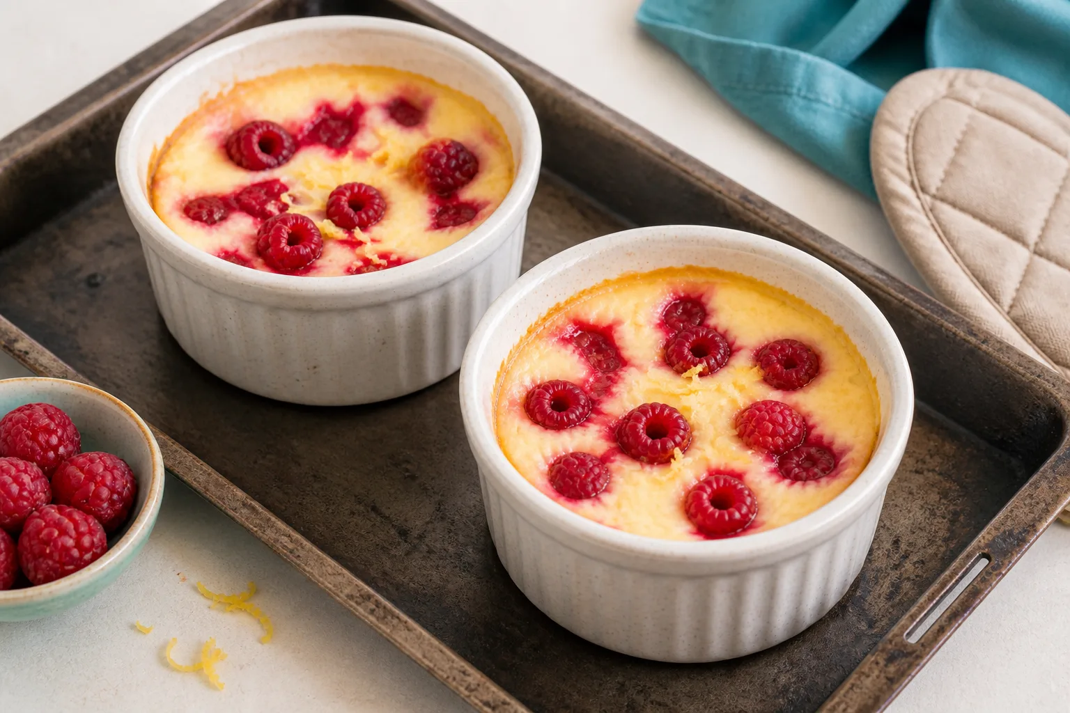 Two just-baked raspberry yoghurt pots with softly set centres and pale golden edges