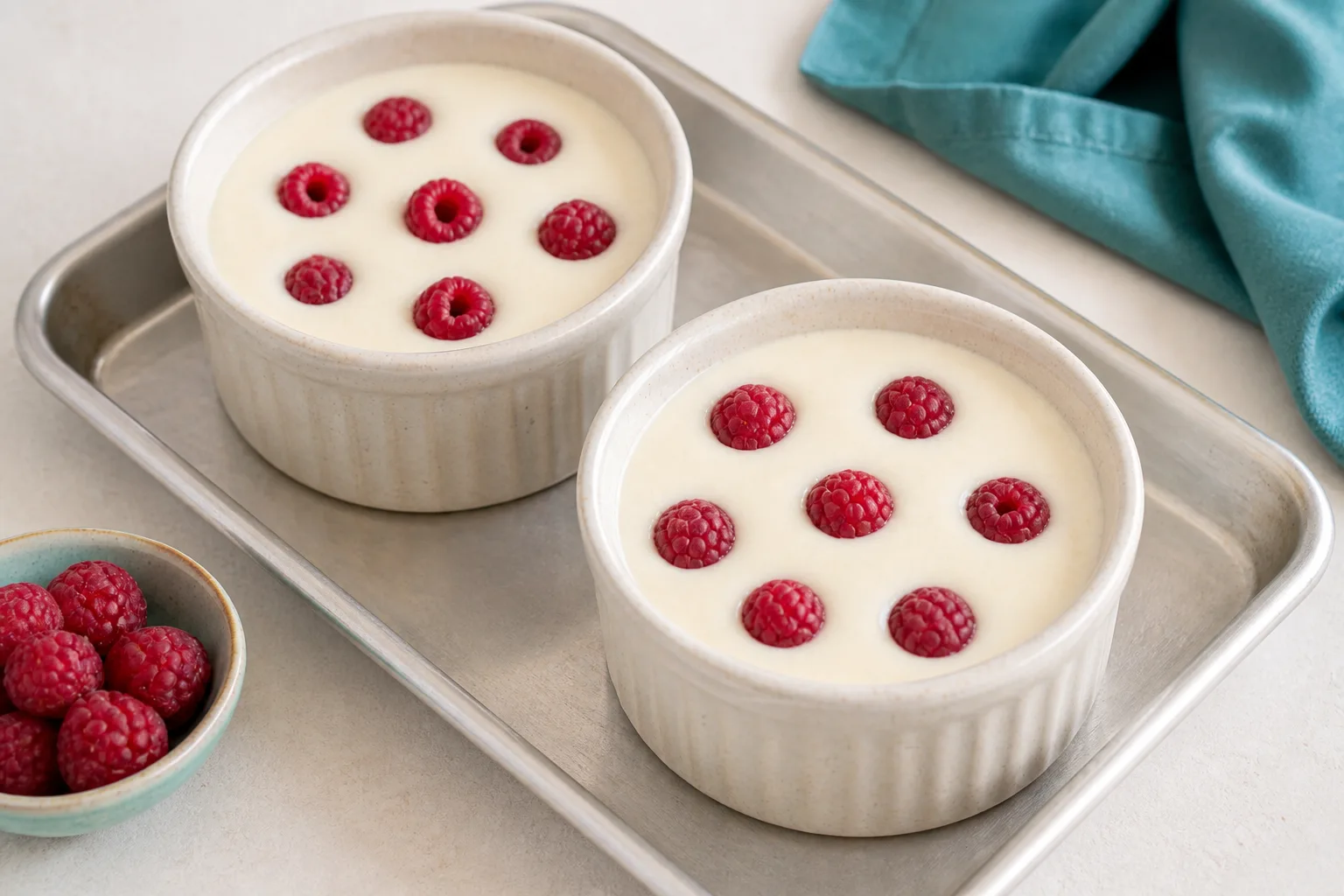 Two ramekins filled with pale yoghurt mixture and raspberries before baking