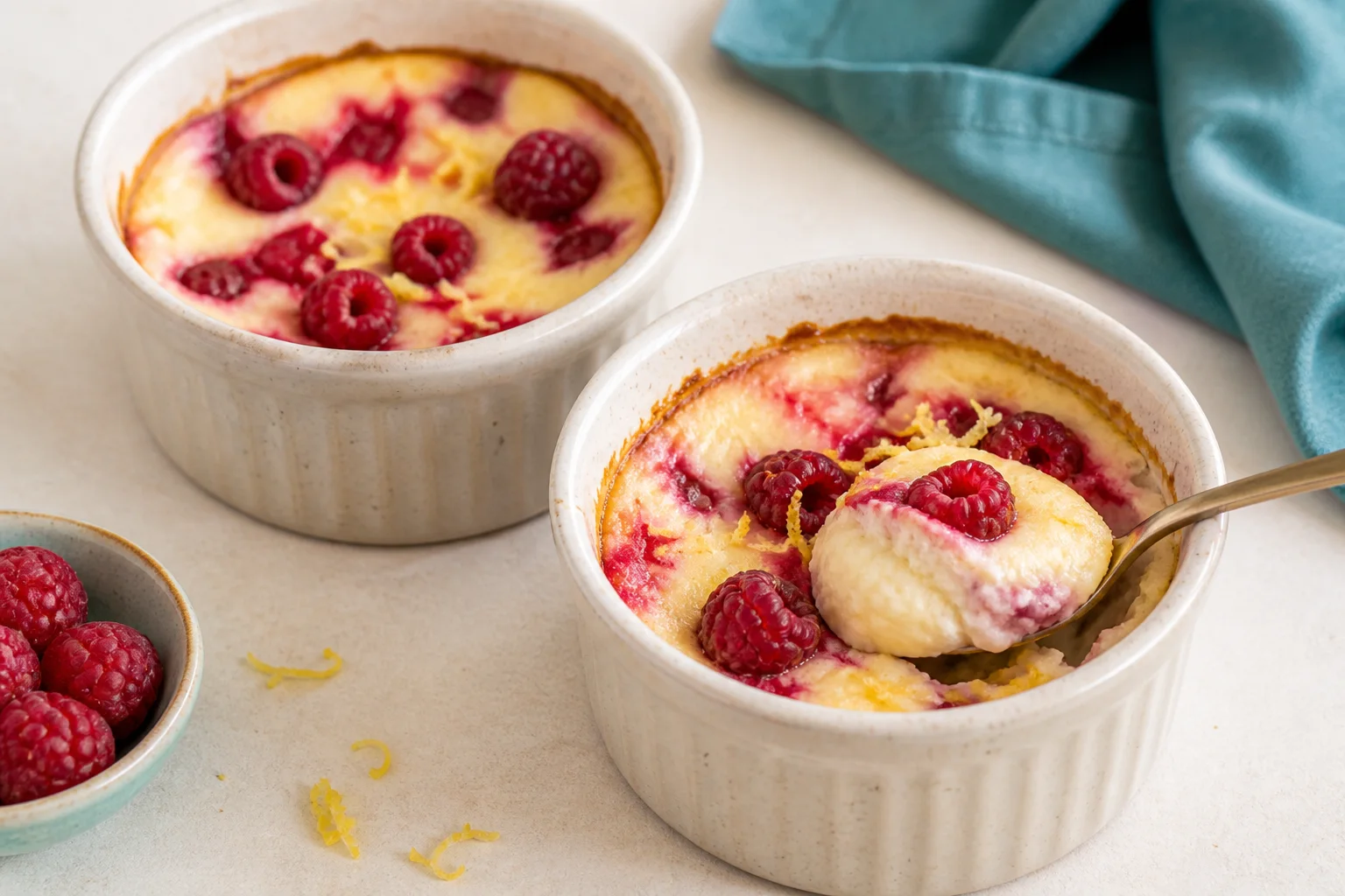 Two baked raspberry yoghurt pots with one spoon showing the soft interior