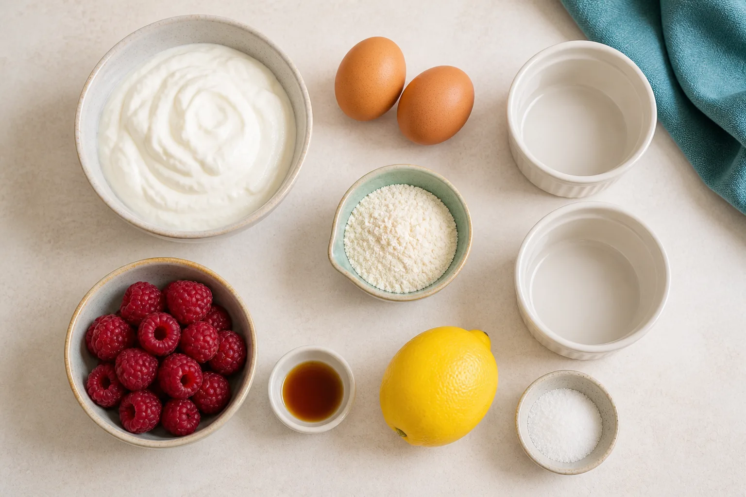 Greek yoghurt, two eggs, vanilla protein powder, raspberries, lemon, vanilla and two ramekins arranged on a pale worktop
