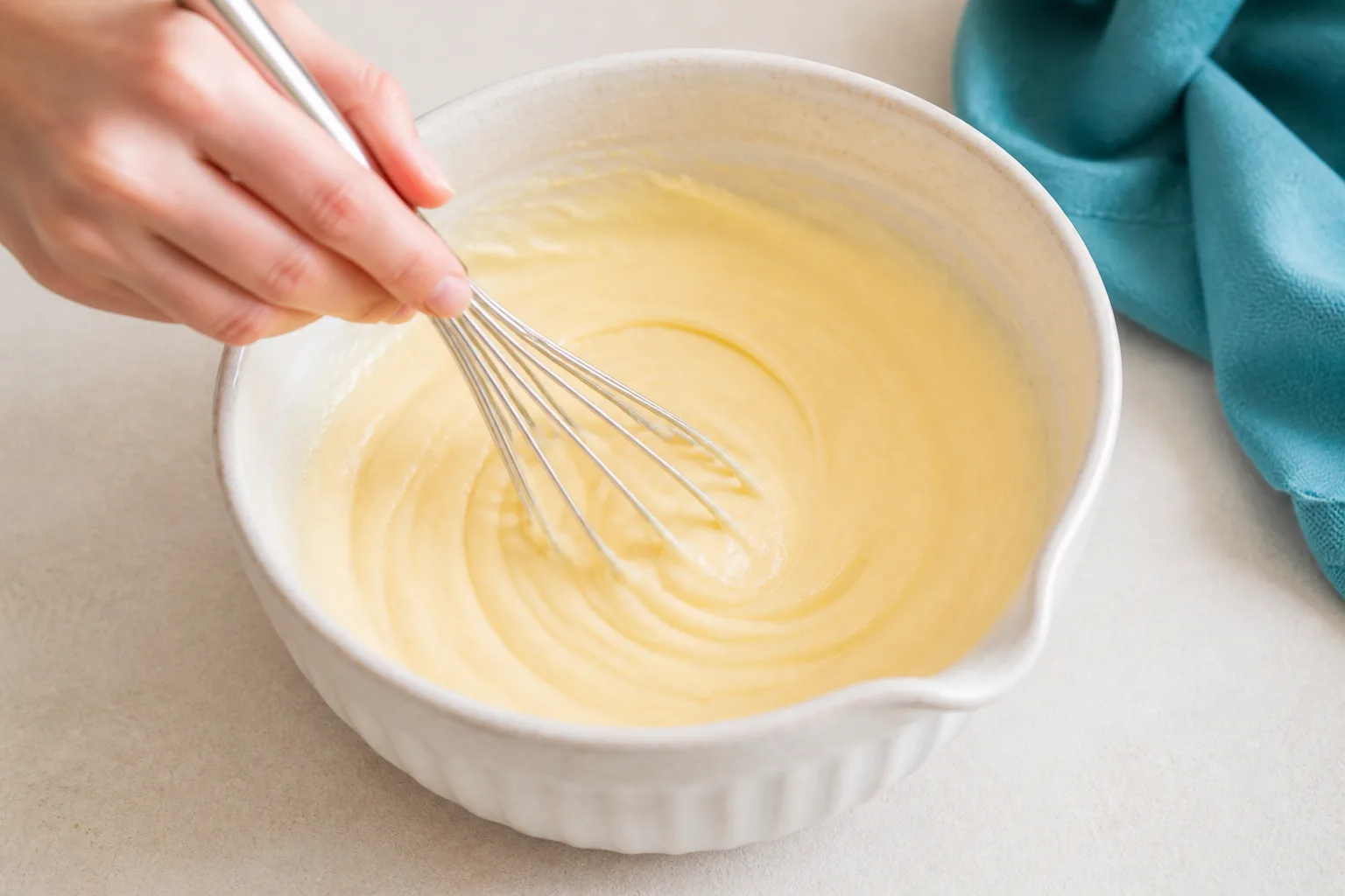 Greek yoghurt and eggs being whisked into a smooth mixture