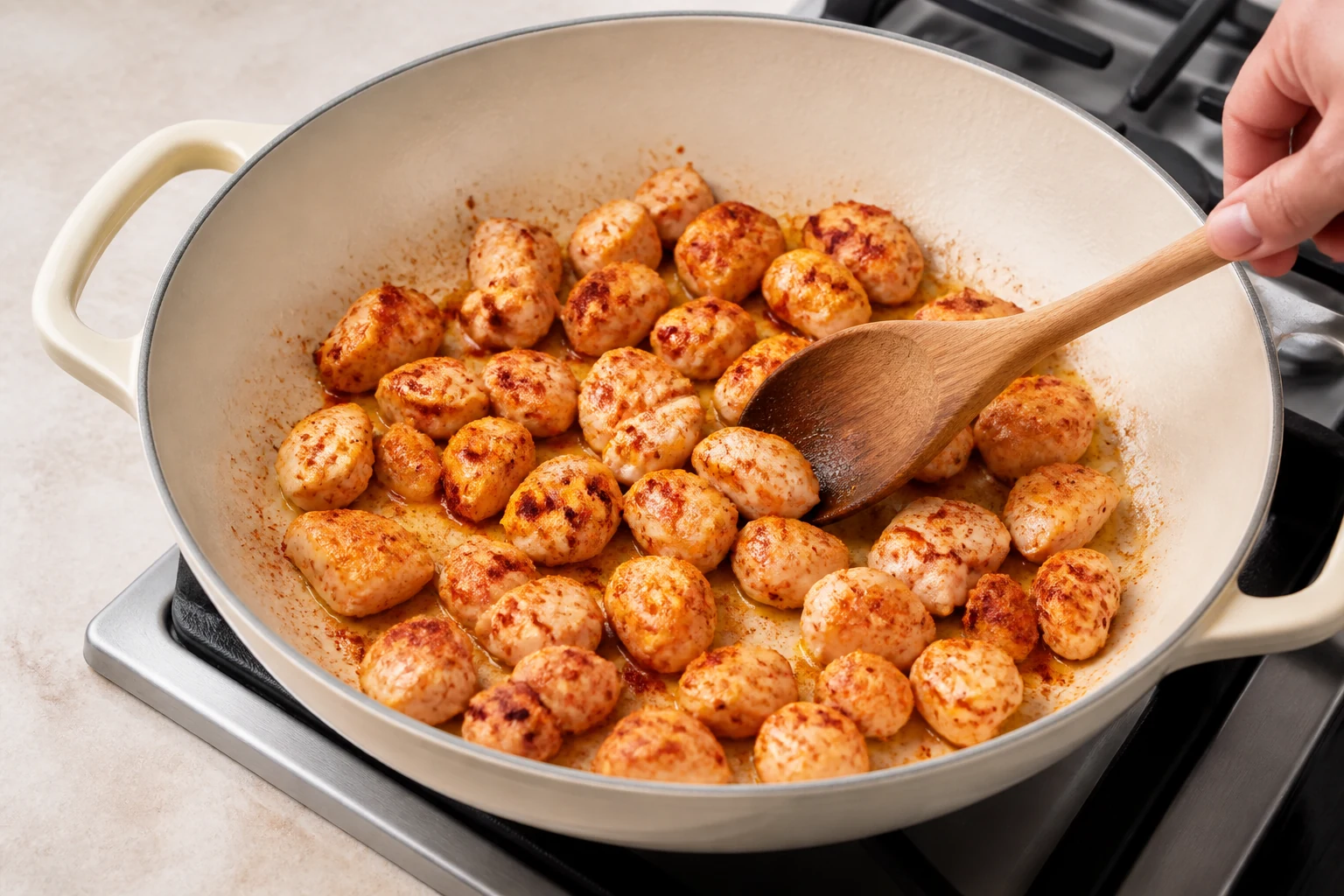 Paprika-seasoned chicken pieces browning in a cream sauté pan