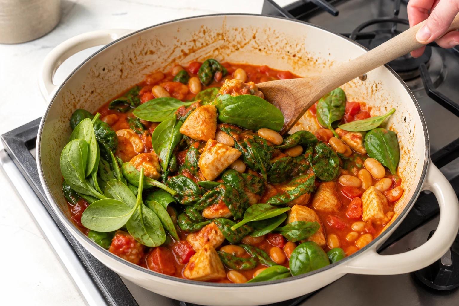 Fresh spinach being folded into chicken and butter bean stew