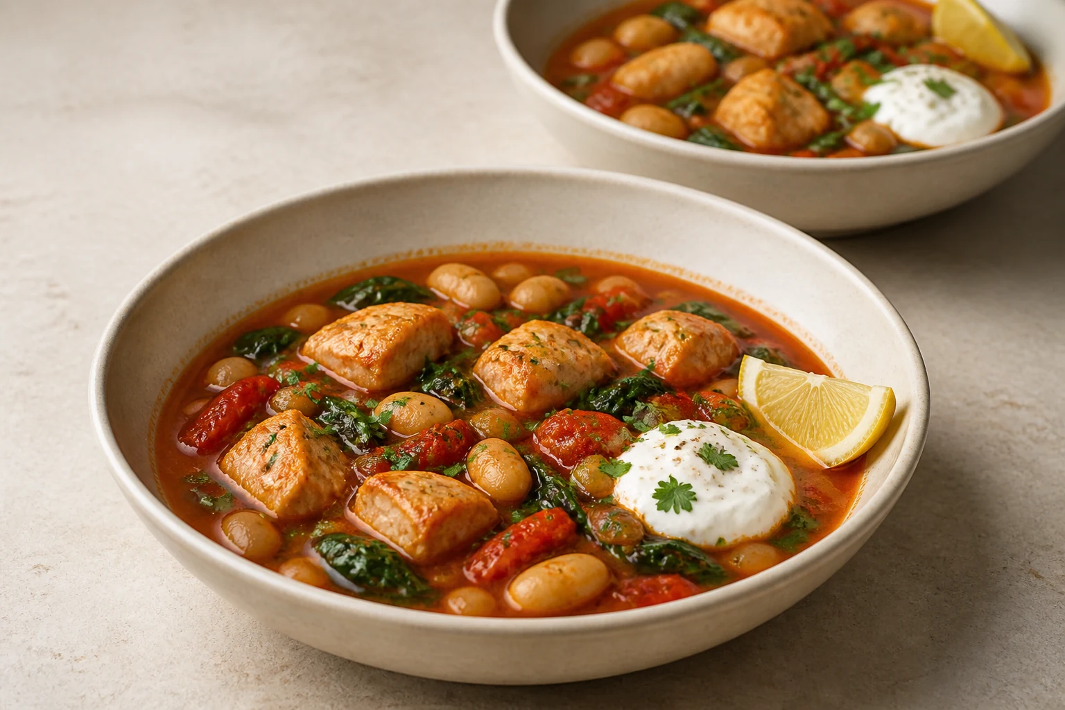 Two bowls of smoky paprika chicken, butter bean and spinach stew with lemon yoghurt