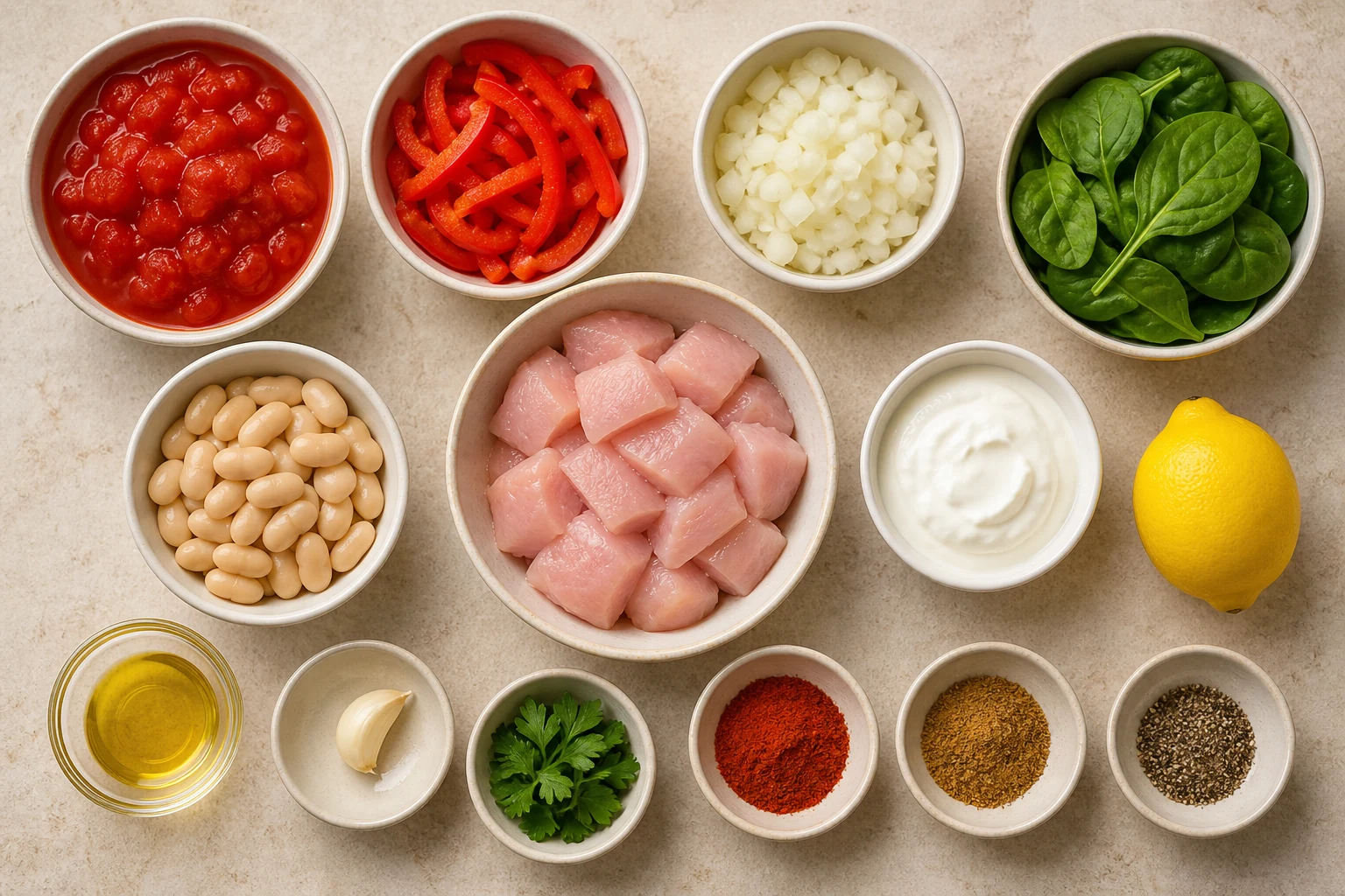 Chicken, butter beans, tomatoes, pepper, onion, spinach, yoghurt, lemon, herbs and spices arranged on a pale worktop